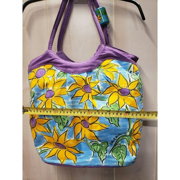 Sally Huss Canvas Tote Yellow Flower Field Beaded, Purple Trim, missing zip pull - Picture 8 of 12